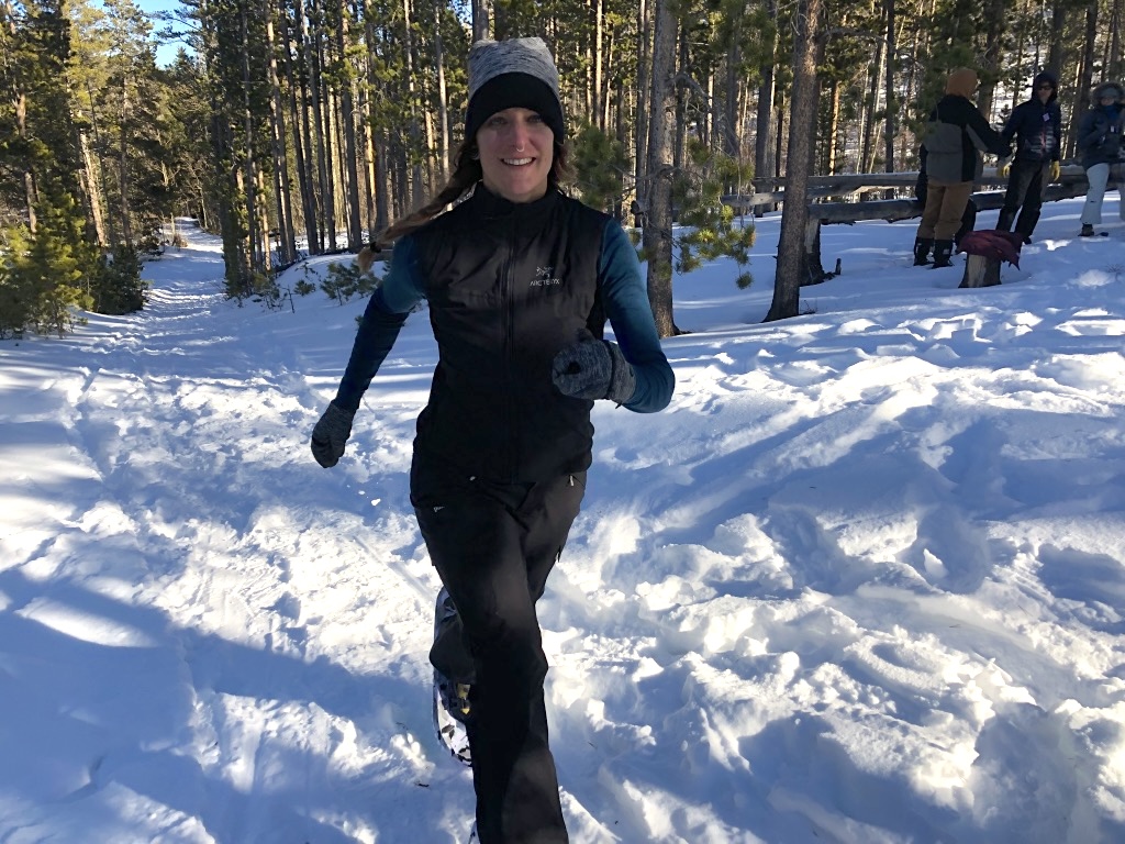 Penney testing running snowshoes in the Rocky Mountains